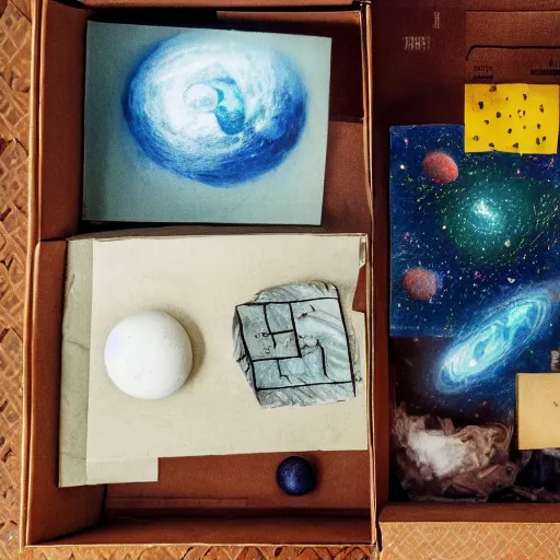 Prompt: a box containing seven objects, produced by a rogue ai, resembling a universe, a poem, frozen on the boundaries of human experience, evoking impossible distances, loss and yearning