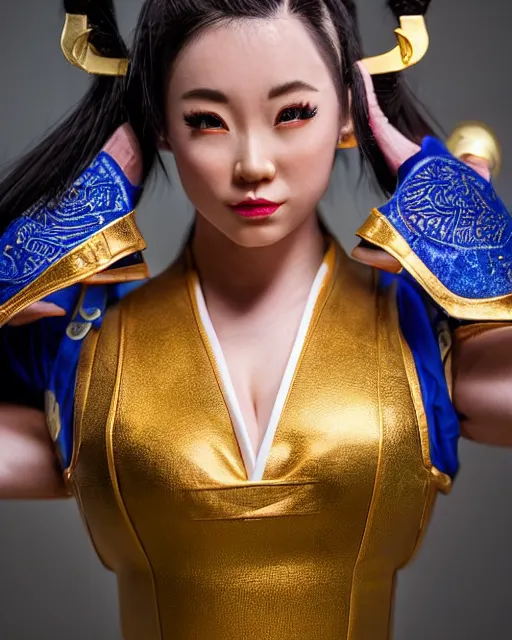 Image similar to Beautiful close highly detailed portrait of a Chun-Li from Street Fighter 2 cosplayer in her iconic signature main outfit. Award-winning photography. XF IQ4, 150MP, 50mm, f/1.4, ISO 200, 1/160s, natural light, rule of thirds, symmetrical balance, depth layering, polarizing filter, Sense of Depth, AI enhanced