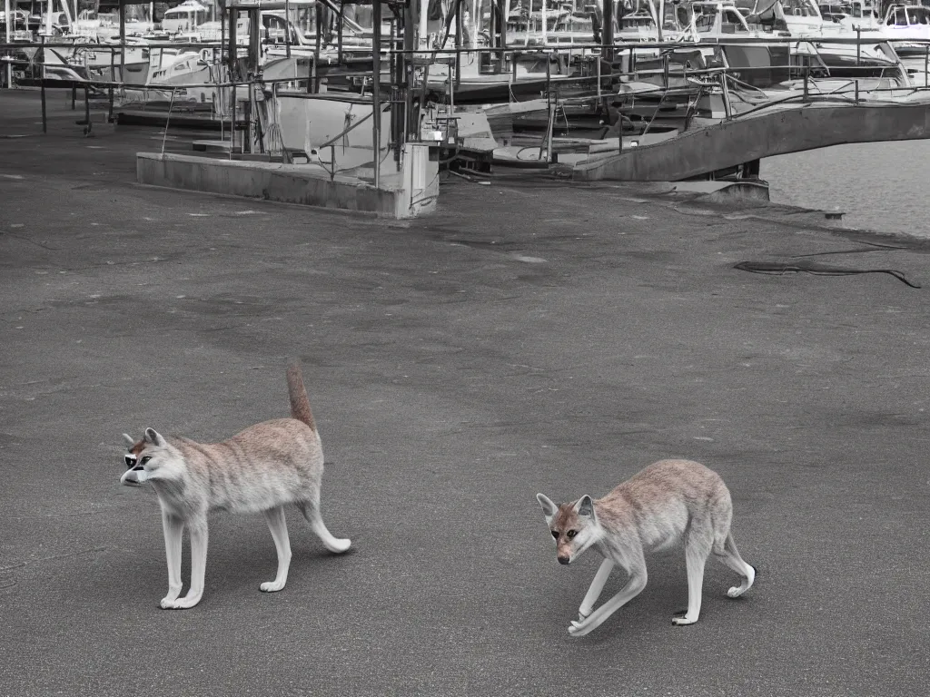 Prompt: thylacine walking along the hobart docks, detailed photograph, 4 k