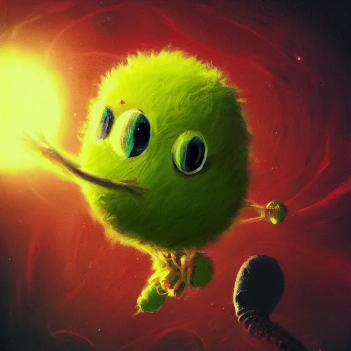 Image similar to cinematic portrait of a cute tennis ball monster in the abyss of space, chalk, masterpiece, trending on artstation, featured on pixiv, cinematic composition, dramatic pose, beautiful lighting, sharp details, hyper-detailed, HD, HDR, 4K, 8K, art by Basil Gogos