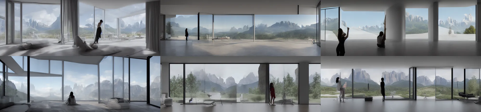 Prompt: View from inside of a modern minimalist house, a beautiful girl is observing the sunset through the giant window in front of her with a panoramic view of the dolomites, the sky is full of amazing clouds with an incredible charm tone, matte painting, hyper realistic, concept art, 4k, 8k, cinematic composition, cgsociety, HD, highly detailed, octane render, unreal engine 5, trending on artstation, shaders