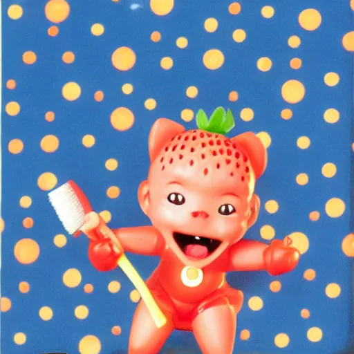 Image similar to a very cute, adorable strawberry character with only two front teeth, holding a yellow toothbrush, in the style of hiroshi nagai