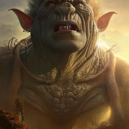 Image similar to a hyperrealistic illustration of a mix of an oger and giant and goblin, 8 k ultra realistic creature, detailed intricate, with fractal sunlight, award - winning, masterpiece, in the style of tom bagshaw, cedric peyravernay, peter mohrbacher