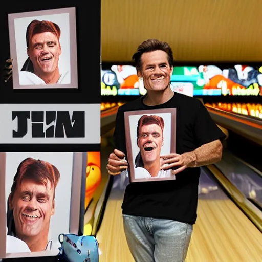 Image similar to a bowling ball carrier with a print of spherical jim carrey