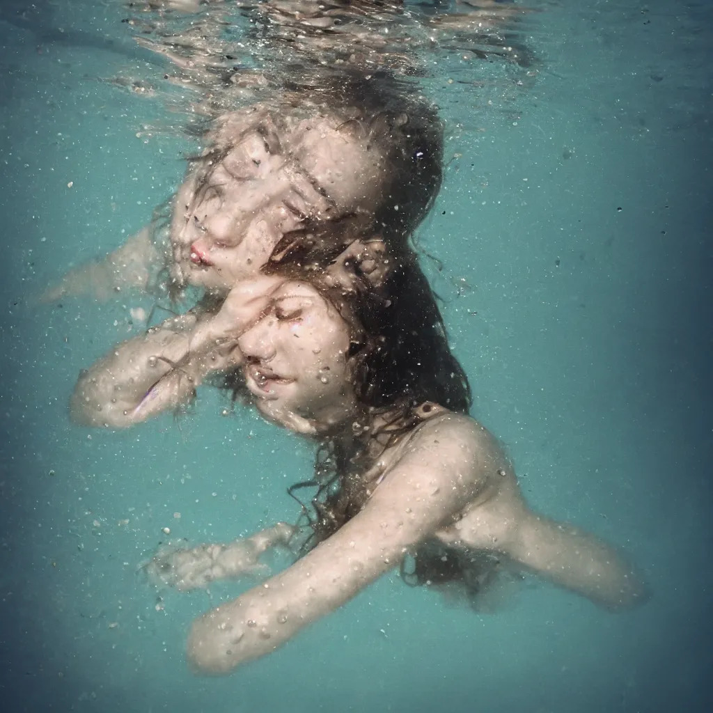 Prompt: a picture of one beautiful teen girl who is fully submerged underwater at the bottom of a pond, sinking, drowning, in sorrow from the weight of lost love, motion blur, cinematic stiill, insanely detailed, 8 k