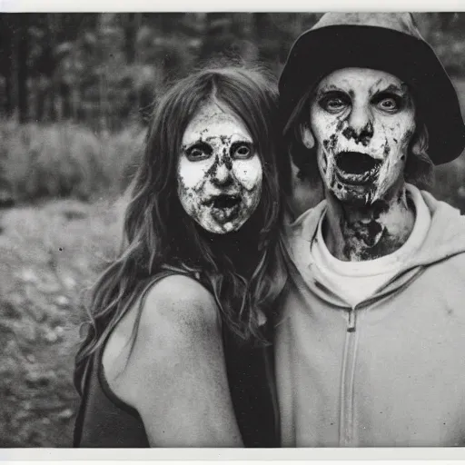 Prompt: polaroid of a happy couple looking into the camera during a zombie apocalypse