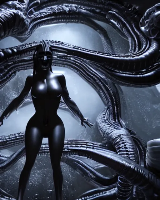 Image similar to cinematic full - body - shot still of kim kardashian being syphon fed by an xenomorph in a transparent alien liquid, wet flowing hair, gooey skin, illustration, unreal engine 5, 8 k, made by h. r. giger.