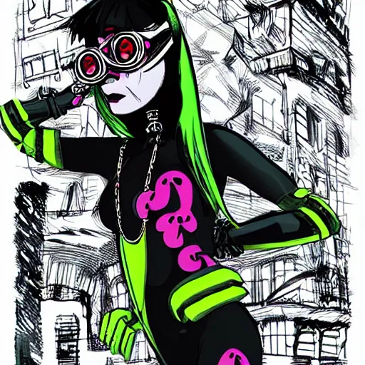 Image similar to cybergoth girl wearing goggles and eclectic jewelry, by jamie hewlett,