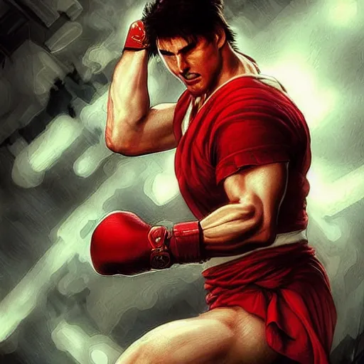 Prompt: “ tom cruise as ryu from street fighter, crossing arms, 4 k, ultra realistic, detailed focused art by artgerm and greg rutkowski and alphonse mucha, featured on artstation ”