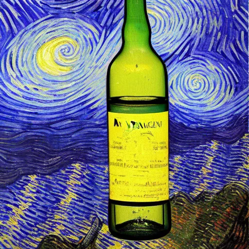 Prompt: a bottle on display filled by the sky painting by van gogh starry night, by van gogh