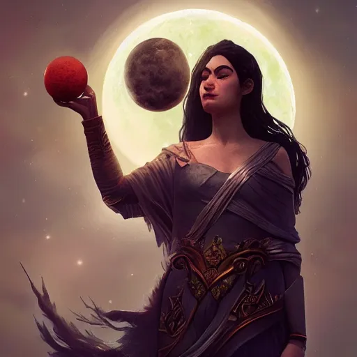 Prompt: [ artemis holding the moon in her hands ]!!, filling it with magical energy, digital art, tarot card, portrait!!, trending on polycount, cgsociety contest winner, digital art, 4 k, sharp, detailed, intricate, illustrated by greg rutkowski