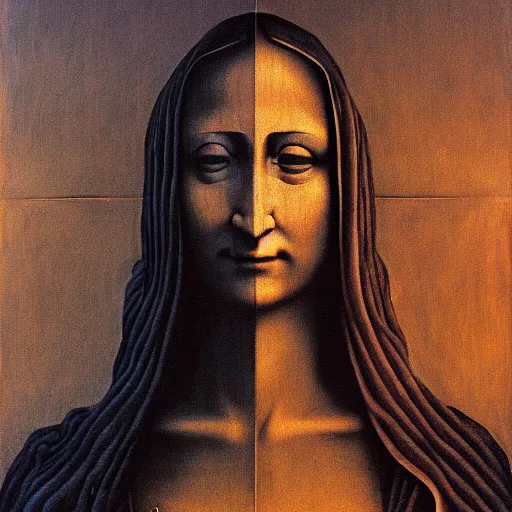 Image similar to monalisa by zdzisław beksiński, jeffrey smith and h.r. giger, oil on canvas, XF IQ4, f/1.4, ISO 200, 1/160s, 8K, RAW, unedited, symmetrical balance, in-frame