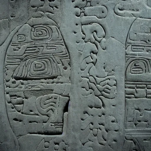 Image similar to ancient toltec petroglyphs bound to the second attention by dreams and empowered by inorganic beings reveal secrets of human perception