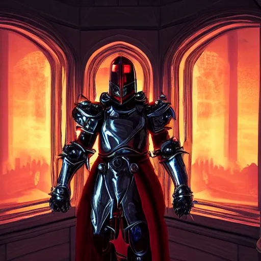 Image similar to evil knight, glowing halo, fantasy paladin, intricate red legendary armor, located in a castle, morning sunlight through the window, decorated, high quality, highly detailed, 4 k