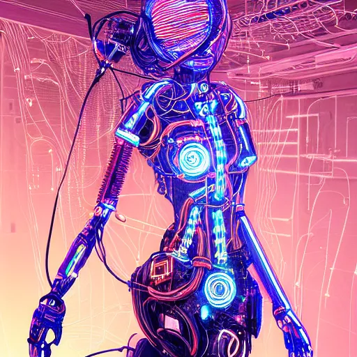 Image similar to a beautiful body of a bot pilot woman mostly made of wires and electronic circuits led luminous, an ultrafine detailed illustration by james jean, final fantasy, intricate linework, bright colors, behance contest winner, vanitas, angular, altermodern, unreal engine 5 highly rendered, global illumination, radiant light, detailed and intricate environment