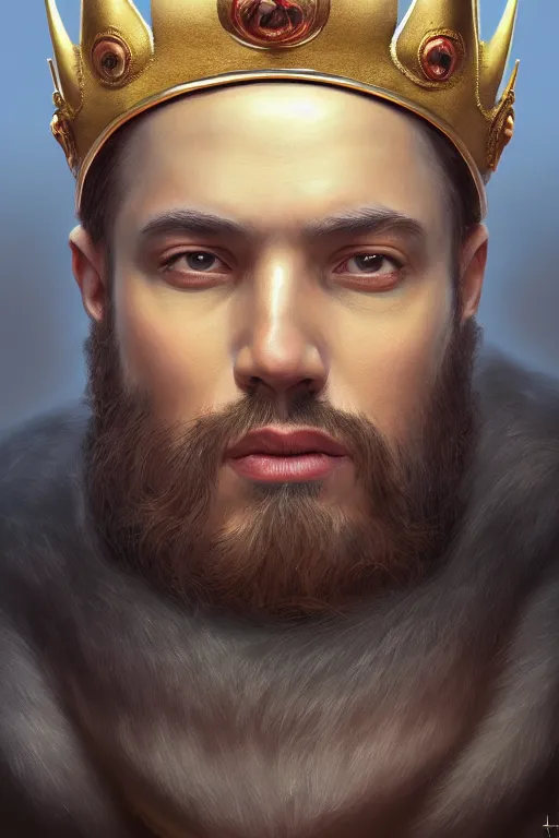 Prompt: a portrait of a powerful king, wide angle, super highly detailed, professional digital painting, artstation, concept art, smooth, sharp focus, no blur, no dof, extreme illustration, Unreal Engine 5, Photorealism, HD quality, 8k resolution, cinema 4d, 3D, beautiful, cinematic, art by artgerm and greg rutkowski and alphonse mucha and loish and WLOP