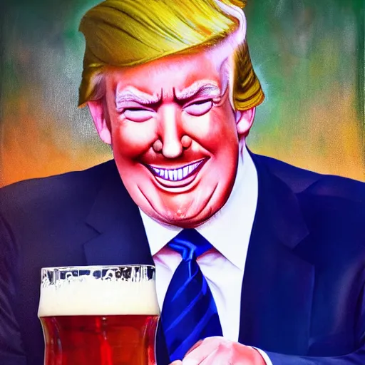 Image similar to portrait of trump grinning and offering a pint of beer to the viewer, realistic, detailed, 4 k, photography