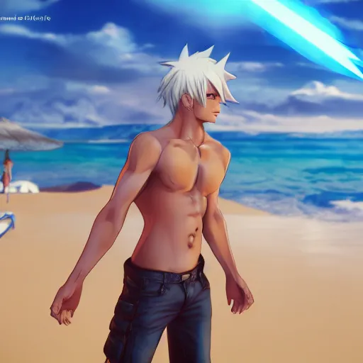 Prompt: HOT Anime man on the beach, cinematic lightning, medium shot, mid-shot, highly detailed, trending on artstation, Unreal Engine 4k,