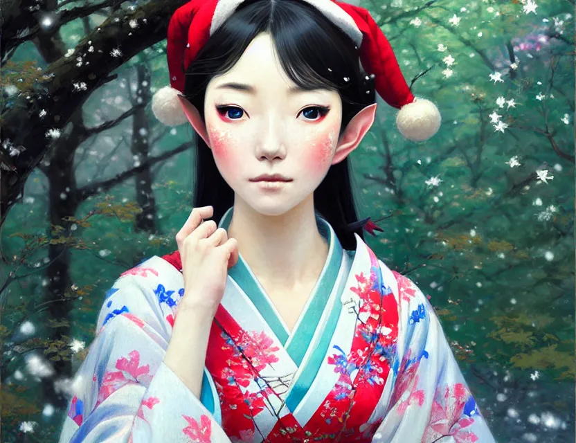 Image similar to a beautiful shibuya 1 0 9 female elf with haori and kimono decollete and jewelry | | snowy, realistic shaded, unpleasant face, channel, fasion, fine details, realistic shaded lighting poster by makoto shinkai, jeremy lipkin, michael garmash, magali villeneuve, artgerm, jeremy lipkin and michael garmash