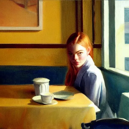 Prompt: Elle Fanning at a diner, head and shoulders portrait, stormy weather, extremely detailed masterpiece, Roger Deakin’s cinematography, oil on canvas, Edward Hopper,