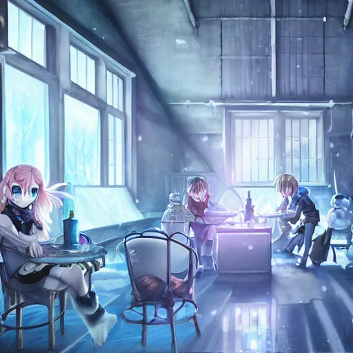 Image similar to interior of the frozen meth lab, anime fantasy illustration by tomoyuki yamasaki, kyoto studio, madhouse, ufotable, square enix, cinematic lighting, trending on artstation