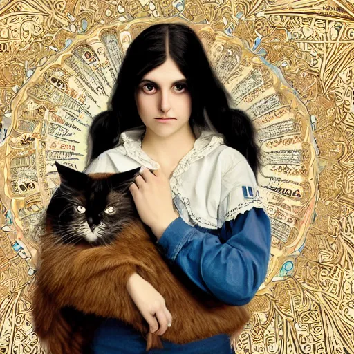 Image similar to cute emo german woman, with long dark hair, thick eyebrows!!! dark eyes and dark circles!, wide nose!!!, big eyes, oval face shape, big cheeks!, she is holding a cat in her arms, by juan villafuerte, greg rutkowski and alphonse mucha, pexels contest winner, high quality photo, hd rtx