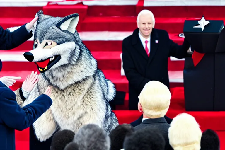 Image similar to photo of the usa presidential inauguration, a wolf fursuiter being inaugurated as president