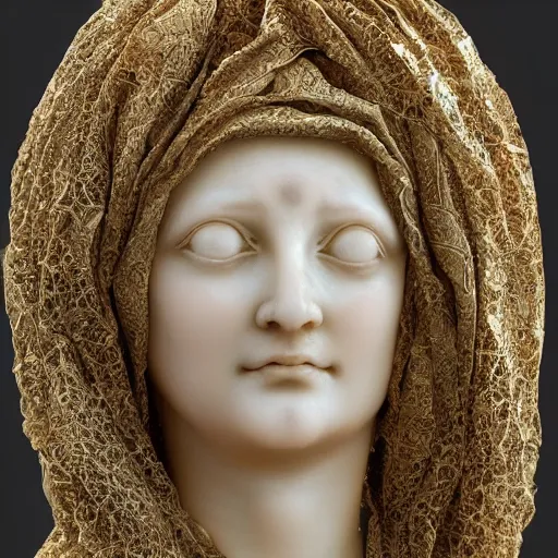 Image similar to a marble sculpture of the veiled virgin , !face, !female, covered in intricate !detailed golden streaked !!sheer !!!!!veil , physically based rendering, photo realistic, top light , dark background