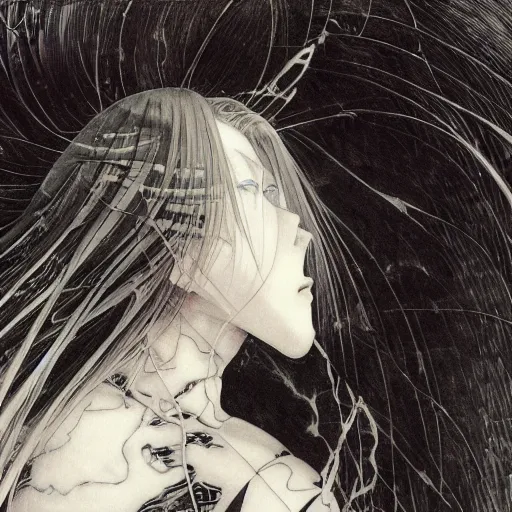 Prompt: Yoshitaka Amano realistic illustration of an anime girl with black eyes, wavy white hair fluttering in the wind and cracks on her face wearing Elden ring armour with engraving, abstract black and white patterns on the background, noisy film grain effect, highly detailed, Renaissance oil painting, weird portrait angle, blurred lost edges, three quarter view