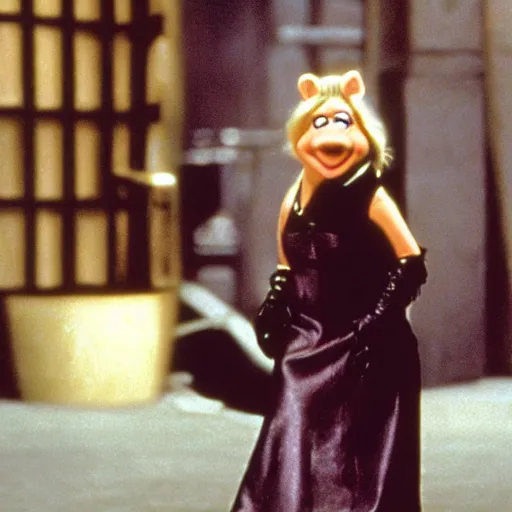 Image similar to movie still of miss piggy starring as trinity in the matrix 1 9 9 9 movie