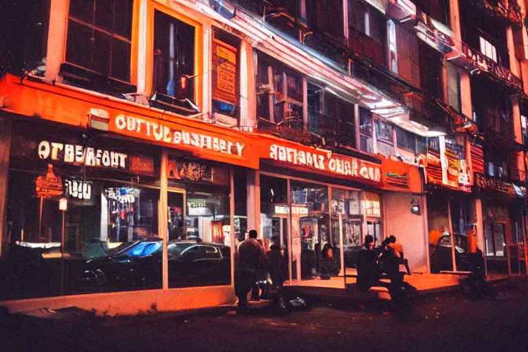 Prompt: outdoorsy guys club likes to look at the exteriors of urban architecture onion column shot by christopher doyle wong kar-wai shot on film using ARRIFLEX 35 BL4 Camera night time scenes reflections through windows red and blue lights orange lights busy nightlife in city scene melancholic quality