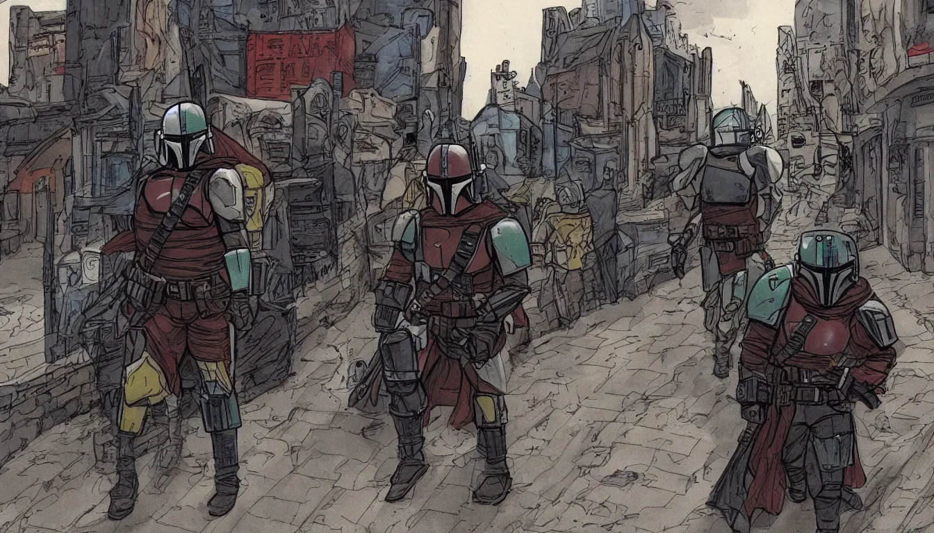 Image similar to single mandalorian walking through the empty streets of england, in style of jim lee