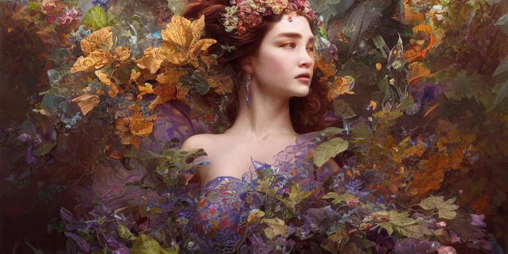 Prompt: a beautiful woman in intricate detailed color oilpaint, 3 d render, hyper realistic detailed portrait, big flocking color leaves, ornate leaves, elegant, intense colors, ruan jia, wlop. scifi, fantasy, hyper detailed, octane render, concept art, by peter mohrbacher, by alphonse mucha, by wlop, by ruan jia