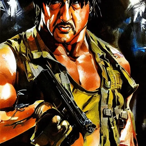 Prompt: an illustration of Stallone as Rambo by Yoji Shinkawa