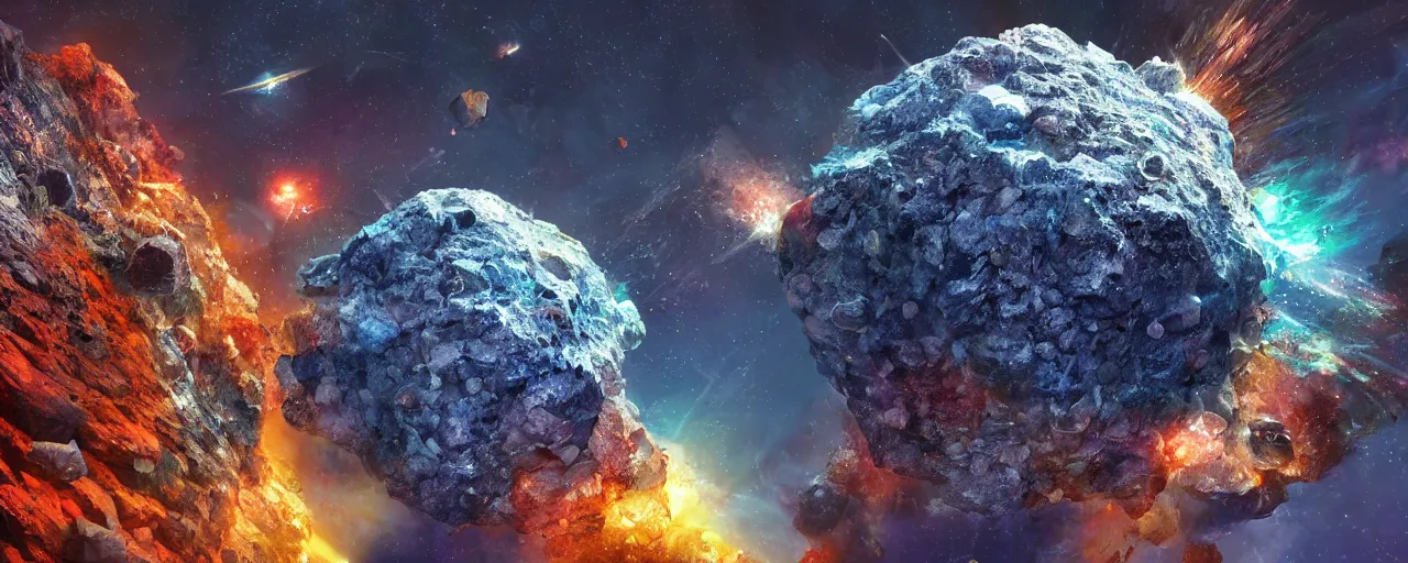 Image similar to asteroid made of donald trump and crystals, [ trump, shards, facets, by paul lehr, cinematic, detailed, epic, widescreen, opening, establishing, mattepainting, photorealistic, realistic textures, octane render ]