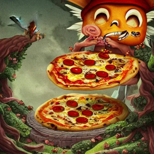 Image similar to a pizza with little fairy heads on it, fantasy art, illustration, amazing detail, the the style of greg ruthkowski