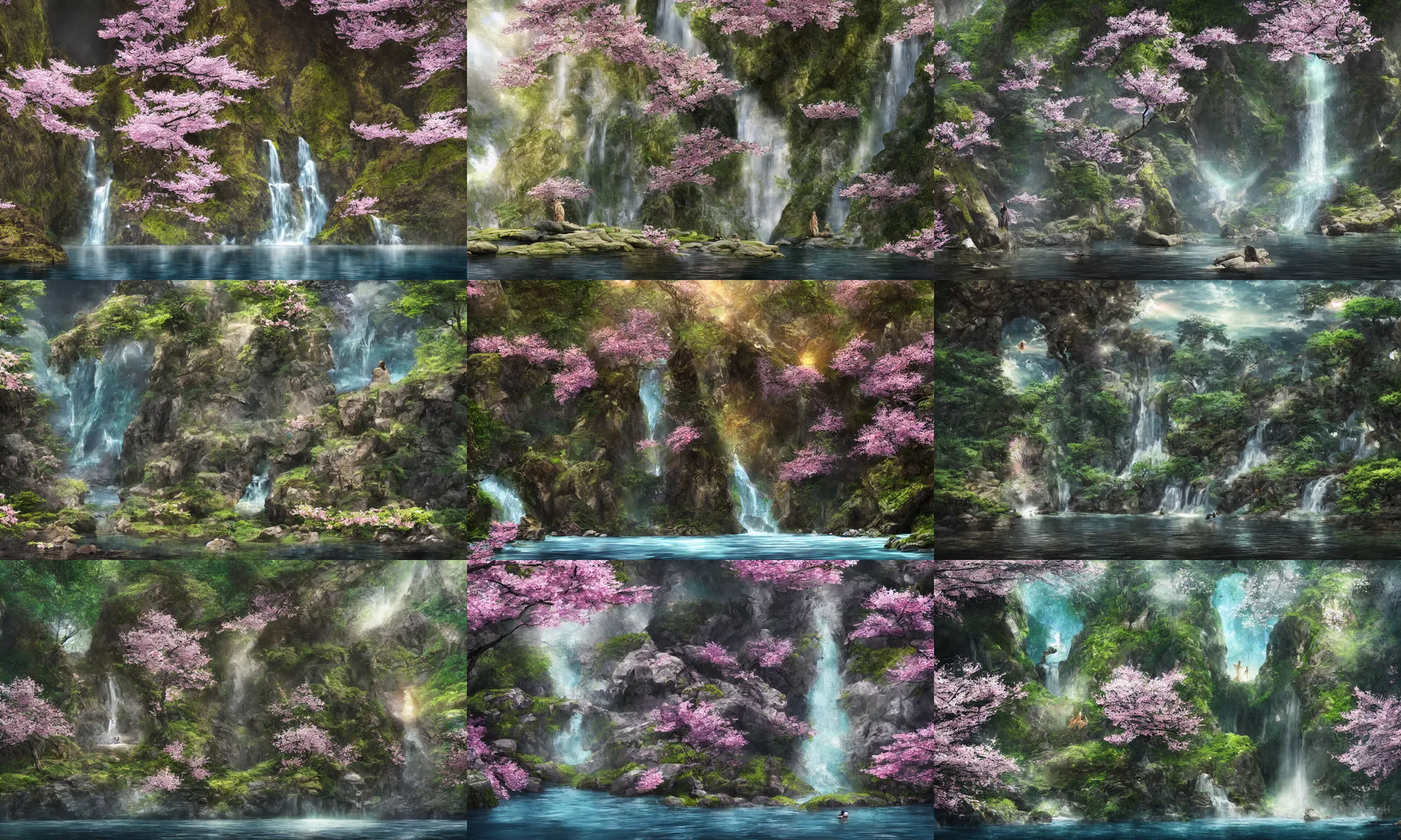 Prompt: beautiful enclosed area surrounded by cliffs with waterfalls and a big cherry blossom tree in the center, huge stone sculpture of an angel in the water, concept art, digital art, highly detailed, cinematic, volumetric lighting, god rays