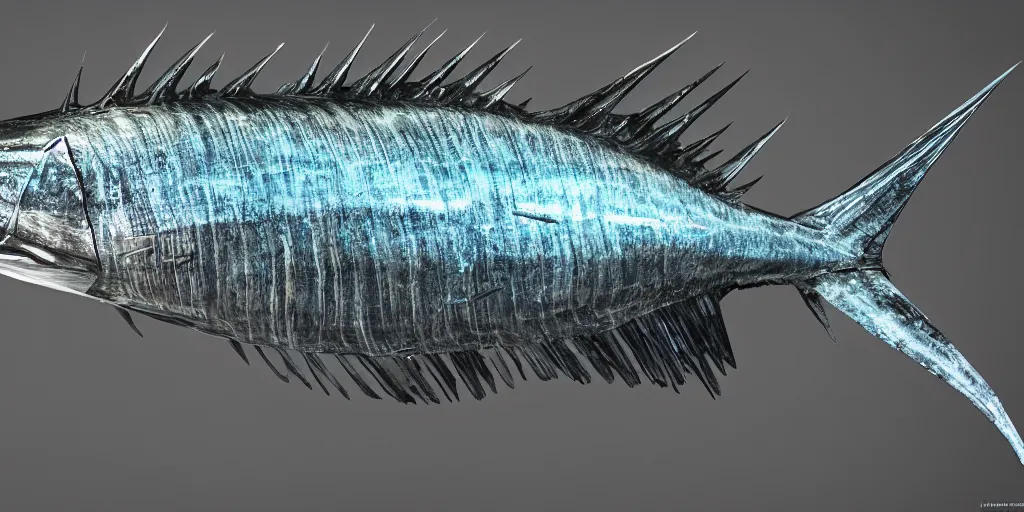 Prompt: sailfish, stylized layered textures, long flowing fins, bioluminescent orbs, 3 d render, substance painter, glowing eye, smooth, sharp focus, art by h r giger