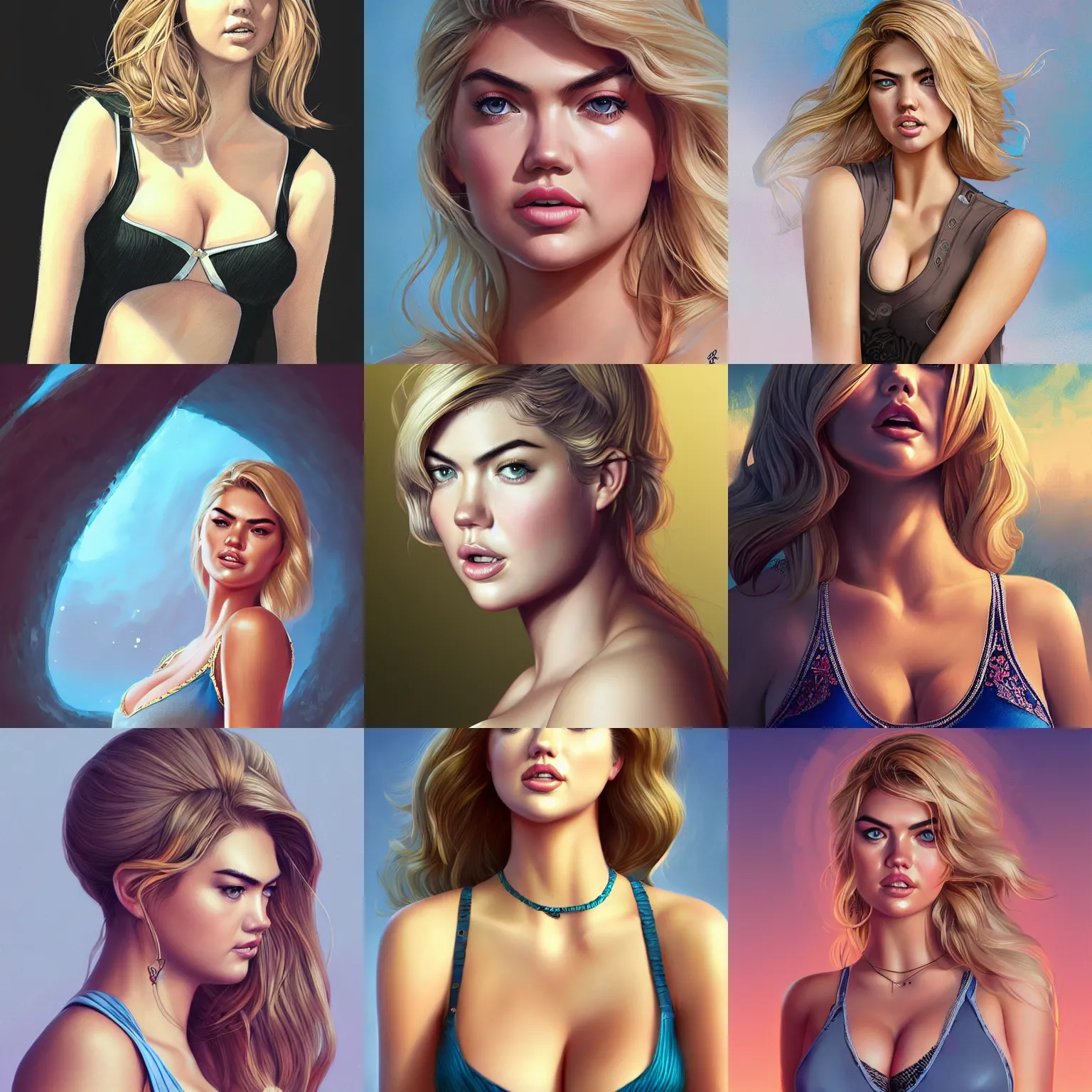 Prompt: kate upton wearing a low cut tanktop, gorgeous, amazing, elegant, intricate, highly detailed, digital painting, artstation, concept art, sharp focus, illustration, art by Ross tran and kuvshinov