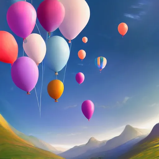 Prompt: digital art of plenty of giant birthday balloons floating above a beautiful landscape. artstation cgsociety masterpiece