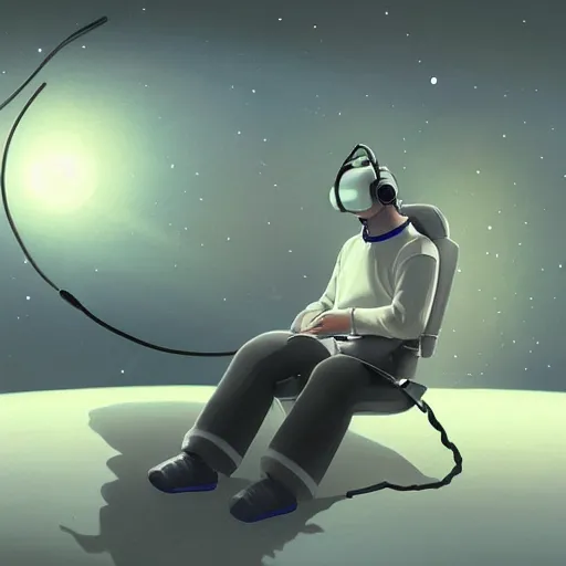 Image similar to medium shot of male wearing headphones sitting on the moon, calm, soothing, relaxed, cosy, quiet, elegant, cybernetic, glows, digital painting, Hayao Miyazaki, realism,