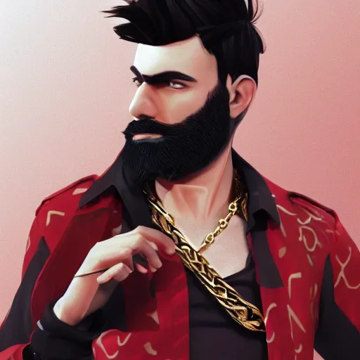 Image similar to a highly detailed full-length man with dark brown short hair, a dark beard, in black and red clothes, with a gold chain and a gold belt, artstation, DeviantArt, professional, octane render