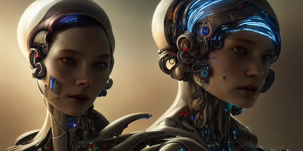 Prompt: ultra detailed, the creation of a female android, sci - fi, eerie, cyborg, cyberpunk, fantasy, triadic color scheme, octane render, matte painting, asymmetrical, intricate concept art, triadic color scheme, art by artgerm and michelangelo and dzo and greg rutkowski and alphonse mucha and wlop