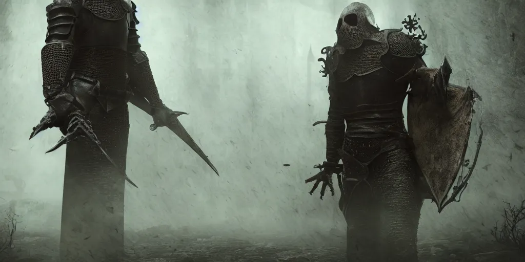 Image similar to Hyper realistic, Medieval horror, dark fantasy Horror, Medieval Knight, dark fantasy, horror, horror photography, cinematic, cinematic lighting, volumetric lighting, atmospheric, octane render, unreal engine, HD, phot, realistic, photo realistic, hyper realistic, hyper realism