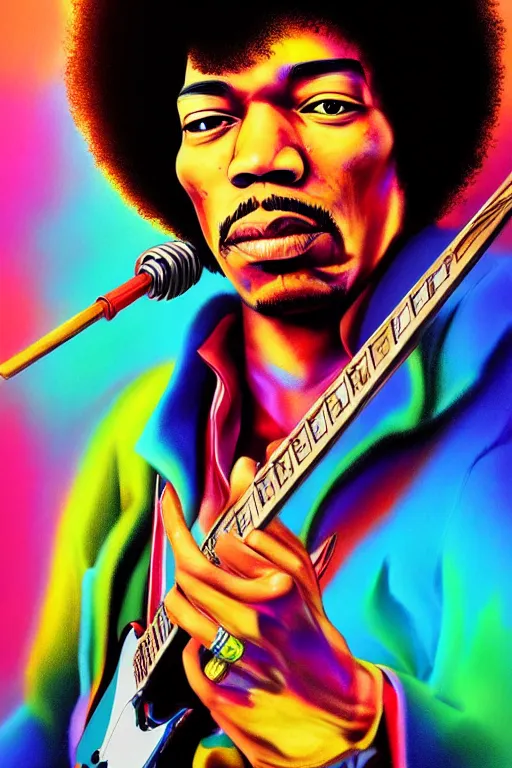 Image similar to jimi hendrix, photorealistic face 4 k digital paint by studio ghibli hayao miyazaki. vivid colours, vaporwave lighting style, very sharp and detailed. trending on artstation and behance.