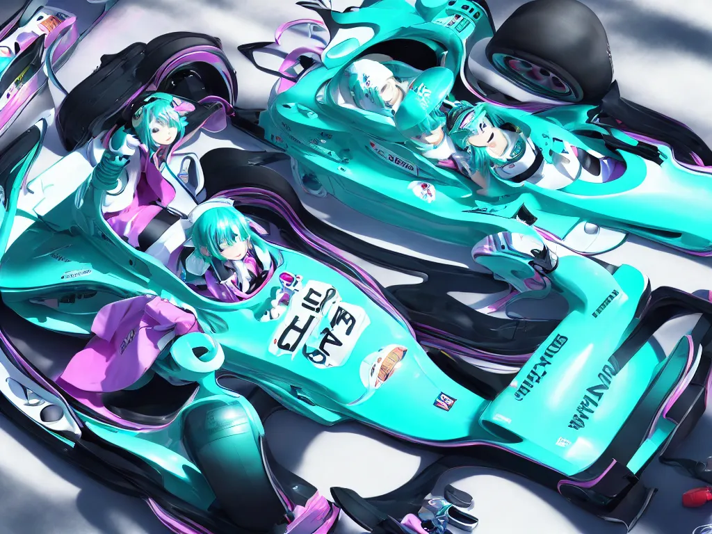 Image similar to hatsune miku driving an f 1 racecar photorealistic high resolution