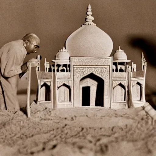 Image similar to a photo of tiny men constructing taj mahal made of sand