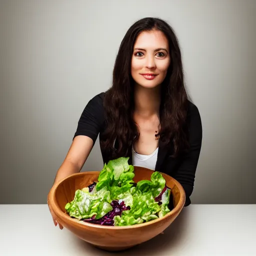 Image similar to extremely detailed professional photo, studio lighting, woman with bowl of salad