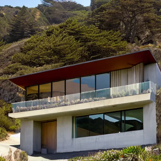 Prompt: a modern concrete house on the bluffs overlooking the ocean in big sur california