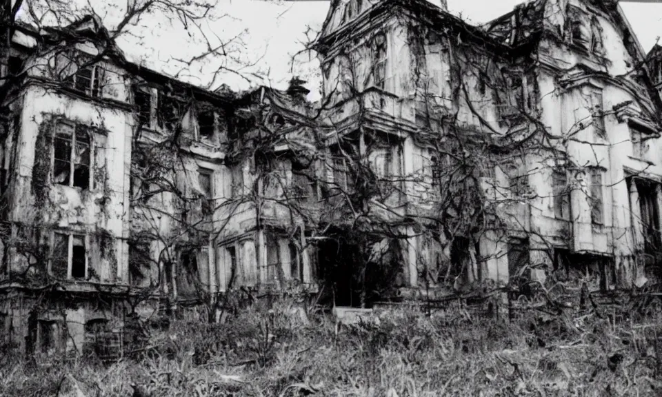 Prompt: 35mm film still, Resident evil mansion, zombie, spooky, horror, old, dirty, reversal film stock